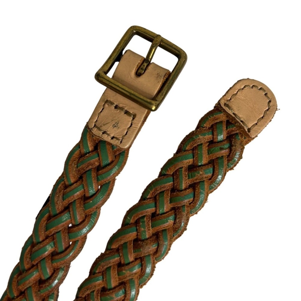 J.Crew Womens Braided Leather Belt Green Brown Skinny Woven Brass Buckle S/M